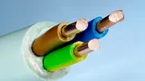Cut end of a three-core power cable: copper conductors in colored insulation inside a white outer jacket