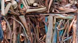 Bale of scrap copper tubing, mostly tarnished, with some fittings mixed in